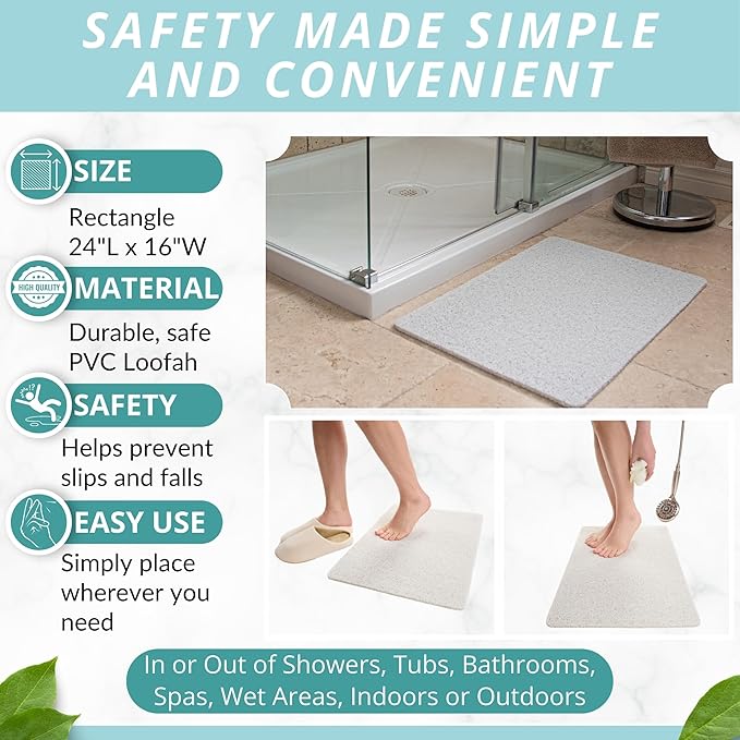 ENKOSI Loofah Non-Slip Shower and Bath Mat - Soft Cushioned Comfort - No Suction Cups for Smooth or Textured Tubs - Fast Draining - Safety for Bathroom, Family, Kids, and Elderly (24x16 White) - Image 3