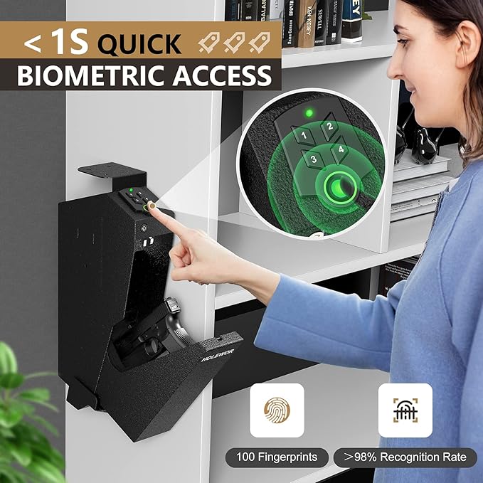 Gun Safe, Biometric Gun Safe for Handgun Drop Down Pistol Safe Mounted Single Handgun Safe with Fingerprint, Passcode, Key Access for Nightstand, Desk, Bedside - Image 3