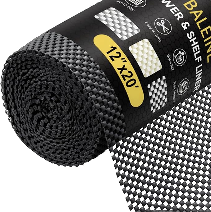 BALEINE Cabinet Liner, 12 in x 20 Ft Drawer and Shelf Liner for Kitchen Cabinets Non-Adhesive, Non-Slip Protect Desks, Cupboard, Drawers, Shelves, Tableware (Black) by BALEINE