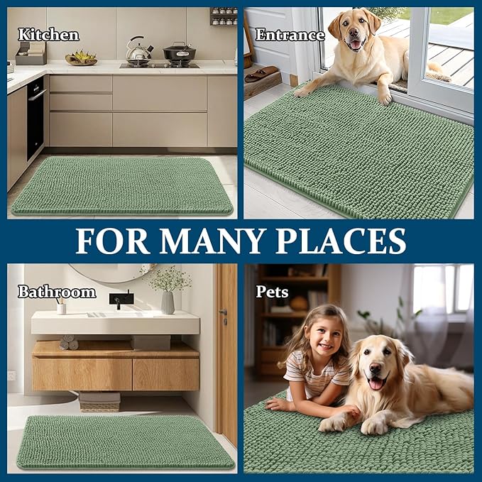 OLANLY Dog Door Mat for Muddy Paws 59x20, Absorbs Moisture and Dirt, Absorbent Non-Slip Washable Doormat, Quick Dry Chenille Mud Mat, Entry Indoor Entryway Carpet for Inside Floor, Olive Green - Image 8