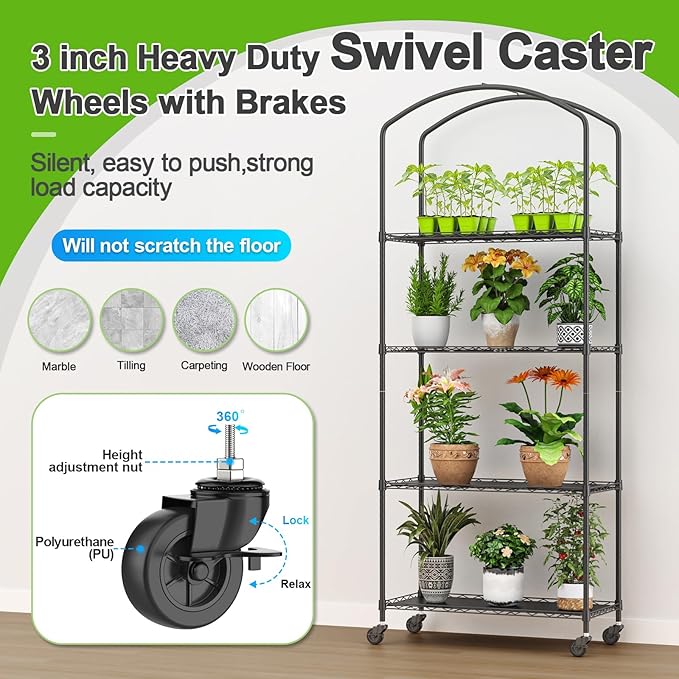 Abimars 4-Tier Greenhouse with Wheels, Height-Adjustable Shelves Metal Plant Shelf with PVC Cover for Seed Starting Trays, Seedling Pots, Plant Pots, 13x29x73inch - Image 4