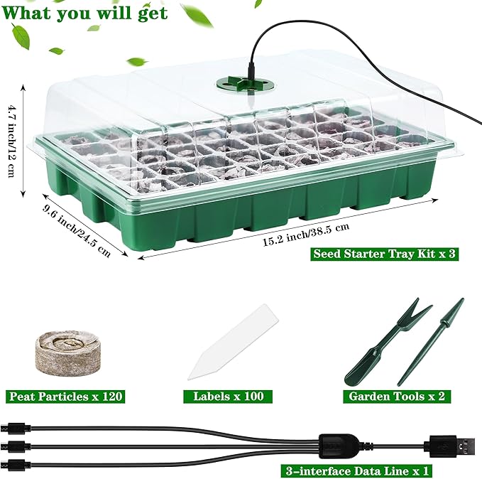 3 Pack Seed Starter Tray Kit with Grow Light Germination Trays with Humidity Dome, 120 Peat Pellets, Gardening Tools, Plant Labels, Plant Growing Trays for Seeds Growing Starting, Green - Image 2