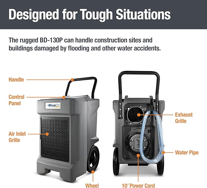 BlueDri BD-130P 225PPD Industrial Water Damage Equipment Commercial Dehumidifier with Hose for Basements in Homes and Job Sites, Gray - Image 4