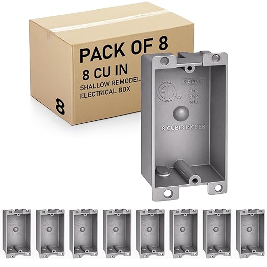 (8 Pack) Plastic Electrical Box, Shallow Remodel Box, 8 Cubic Inch Grey Outlet Box, Single Gang Old Work Junction Box, Length 4.25'', Width 2.4'', Depth 1.24'', Solid PVC Construction, ETL Listed by AirmontProducts