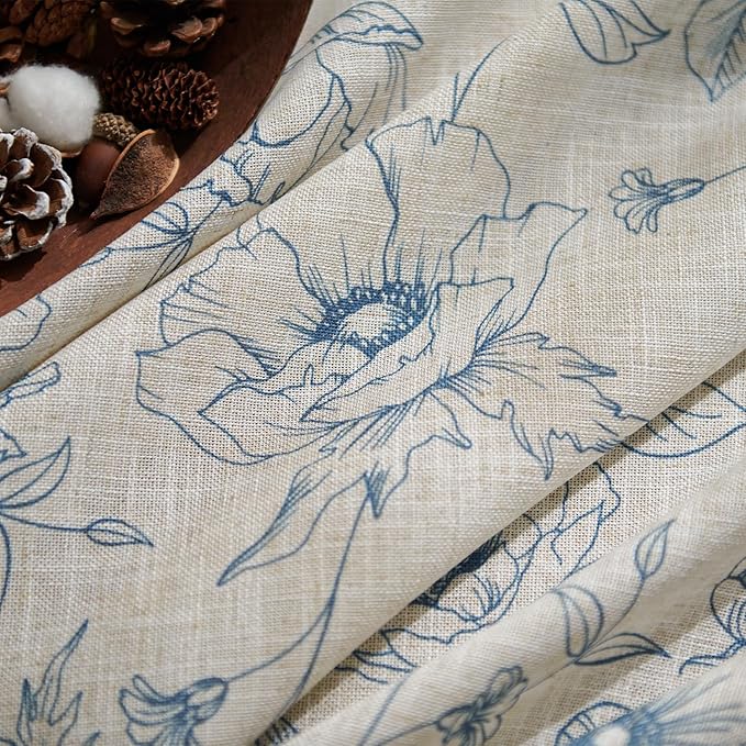jinchan Floral Linen Curtains for Living Room 84 Inch Length Blue Flower Curtain Rod Pocket Back Tab Farmhouse Curtains with Printed Floral Bedroom Window Curtain Set, 2 Panels Blue - Image 4