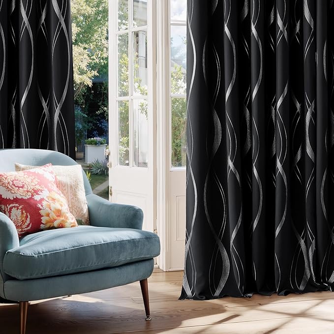 NICETOWN Black Blackout Curtain Panels for Kitchen, 66 x 54 inch, Noise Reducing Thermal Insulated Wave Line Foil Print Design Drapes for Home Decor, 2 Panels - Image 4