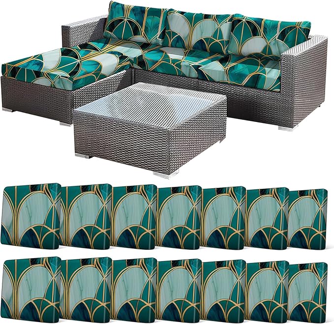 14Pcs Stretch Patio Cushion Cover, Art Deco Geometric Pattern Couch & Sofa Slipcovers for Patio Furniture Cushions Washable Reusable Couch Covers Replacement for All Season(Green, Cover Only) by CALBODE