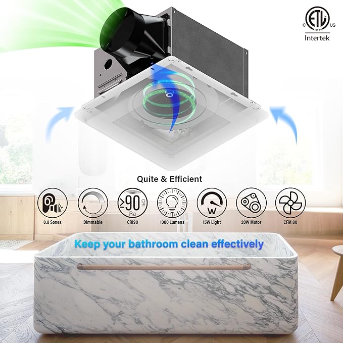 2 in 1 Bathroom Exhaust Fan with LED Light: 20W Ceiling Mount Ventilation Fan and Lamp Combo for Bathroom and Home, 80CFM, 120V, 1000LM, 5CCT Seletable, Dimmable & Wet Rated, ETL Certified - Image 3