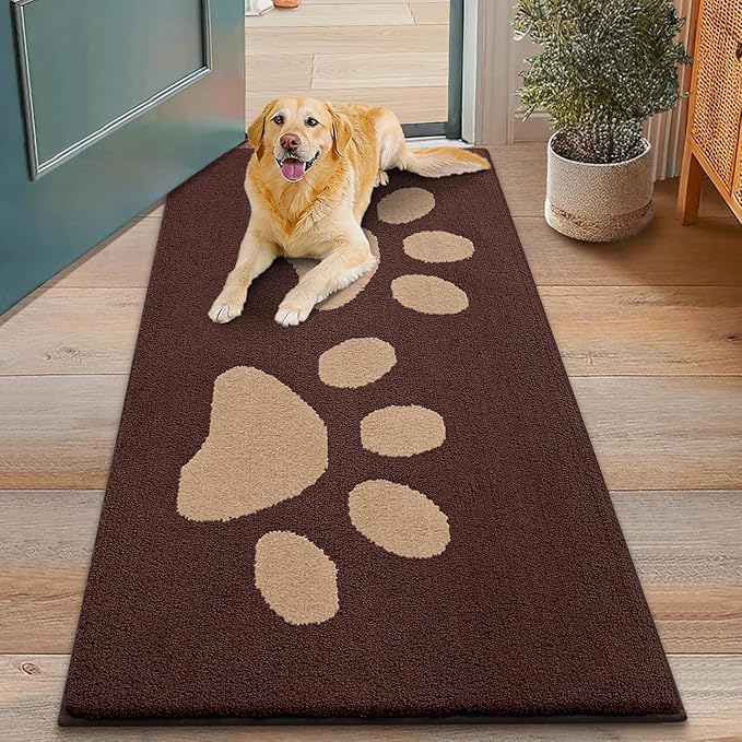 Smiry Dog Door Mat for Muddy Paws, Absorbs Moisture and Dirt, Low-Profile Entryway Mat with Non-Slip Backing, Entry Indoor Outdoor Doormat for Inside Floor (48x30 Inches, Brown, Paw) by Smiry