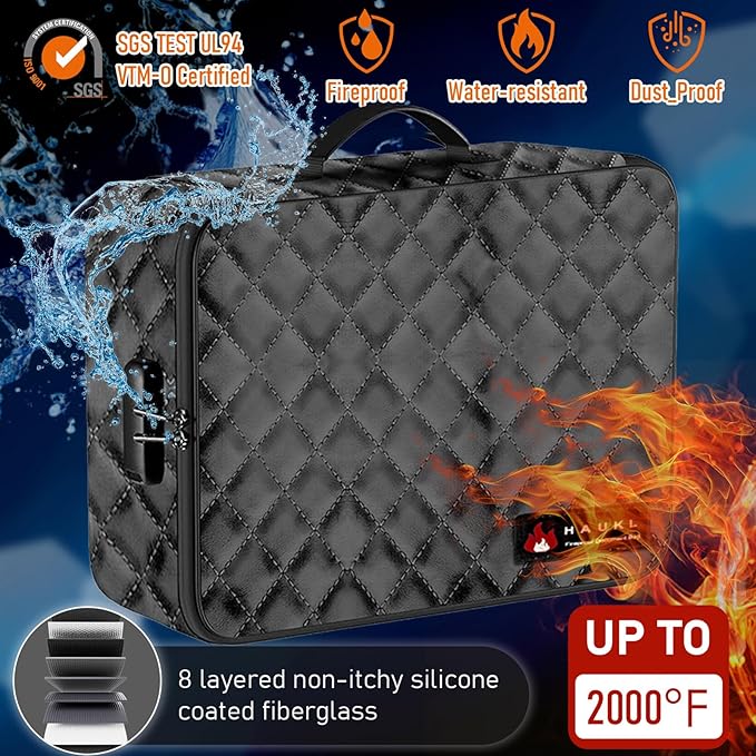 HAUKL Fireproof Document Bag with Lock - 14" Fireproof Safe Box for Home & Travel, 8-Layer Waterproof Fireproof Bag for Files, Passports, Jewelry, Cash, 2000°F Protection (Black W/Jewelry Holder) - Image 5