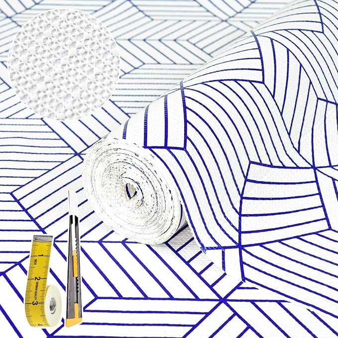 Shelf Liners for Kitchen Cabinets 12in x 20FT, Non Adhesive Cabinet Liner Strong Non-Slip White and Blue Geometric Drawer Liner, Easy to Clean for Shelf, Cabinet with Knife and Tape Measure by Kimhan