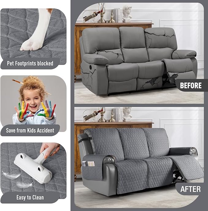 TAOCOCO 100% Waterproof Recliner Cover, Non-Slip Washable Reclining Couch Cover with Elastic Leg Straps, Furniture Protector for Dogs (Gray,3 Seater) - Image 6