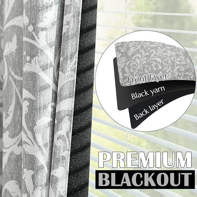 Vangao Grey 100% Blackout Curtains 84 Inches Long for Bedroom Flower Curtains for Living Room Grommet Thermal Insulated Farmhouse Vintage Window Drapes 2 Panels - Image 3