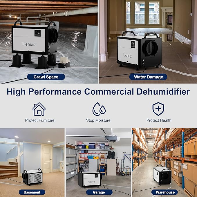 Crawl Space Dehumidifier with Drain Hose, Industry Water Damage Restoration, Auto Defrost, Memory Starting, Remote Control, CSA Listed, 110 Pints Commercial Dehumidifier for Warehouse Whole House - Image 6