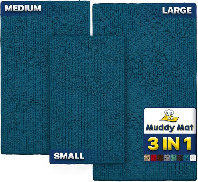 Muddy Mat® Pack of 3 Highly Absorbent Microfiber Dog Door Mat and Pet Rug, Non Slip Thick Washable Area Mat Soft Chenille for Kitchen Bathroom Bedroom and Outdoor - Atlantic Blue Small, Medium & Large by MuddyMat%C2%AE