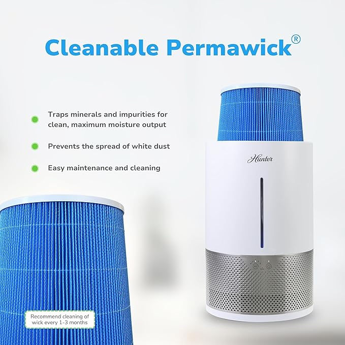 HHE150 Hunter Aspire 4.8L Evaporative Humidifier with PermaWick Filter (4.8L) - Remove Contaminants & White Dust for Clean Mist & Air – Medium Humidifier for Home, Bedroom, or Dorm - White - Image 6