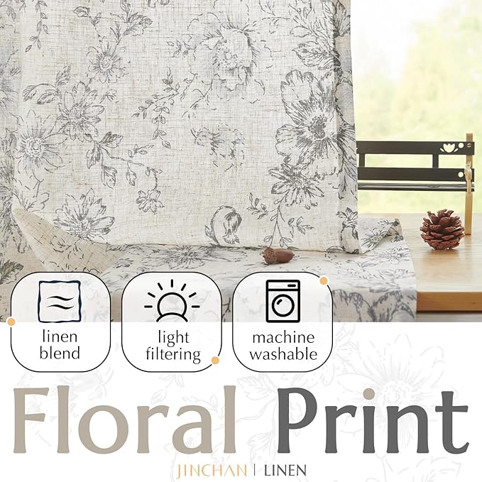 jinchan Linen Blend Curtain Floral Curtains for Living Room 90 Inch Length Grey Printed Curtain Rod Pocket Back Tab Farmhouse Peony Flower Patterned Drapes Bedroom Window Curtains Set 2 Panels - Image 3