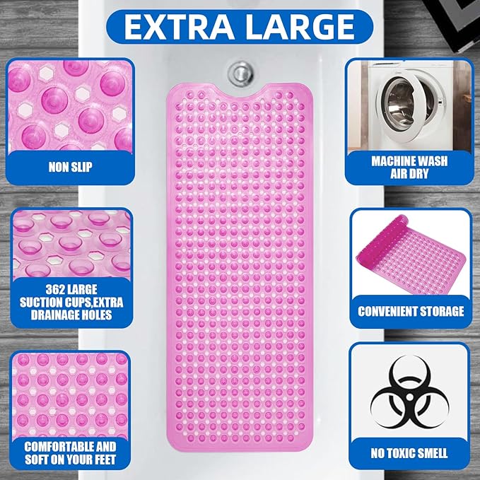 ZHICHENG Bath Tub and Shower Mats, Non-Slip 39 x 16 Inch Extra Long Bath Mat, Machine Washable Bathtub Mat with Drain Holes, Suction Cups for Bathroom (Color Red) - Image 3