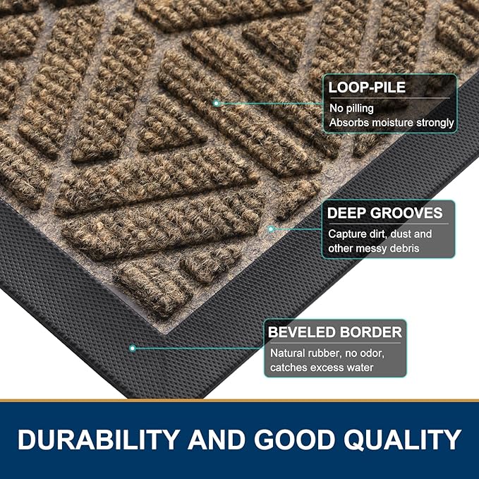 Smiry Front Door Mat Outside Entrance, Heavy Duty Sturdy Natural Rubber Doormat, Trap Dirt and Moisture, Easy Clean Low Profile Mats for Indoor Outdoor Entry, Grid Geometric (47x23, Brown) - Image 4