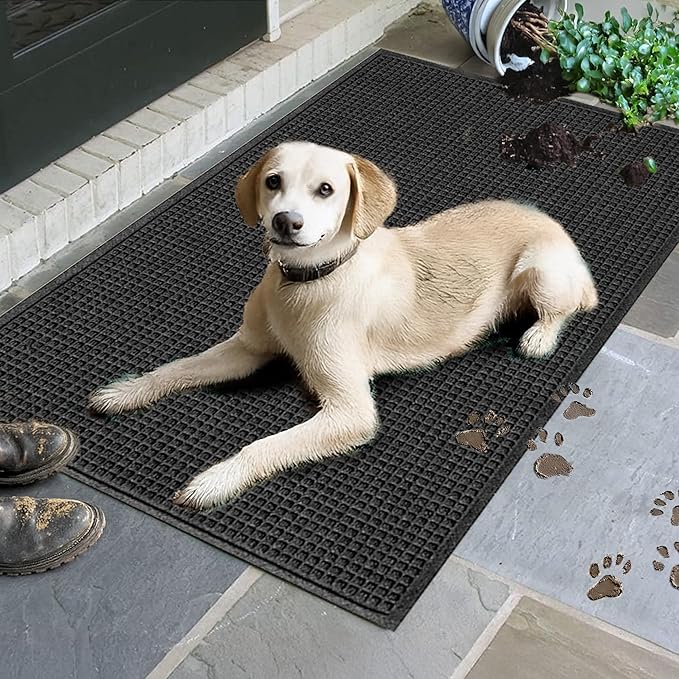 WaterHog Squares Front Door Mat Indoor Outdoor Entrance, Absorbent All-Weather Doormat with Non-Slip Rubber Backing, Dirt & Moisture Trapper, Low Profile, Easy Clean, Made in USA, 35.5"x59.5" Charcoal - Image 2