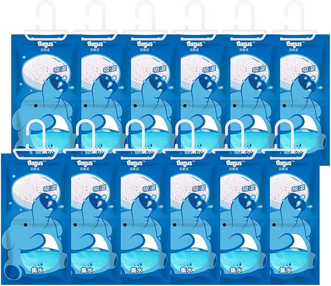 Bagus Hanging Moisture Absorber Bags (12 Pack) - Fragrance-Free Dehumidifier for Closet, Bathroom, RV, Boat & Storage Spaces, Compact Design with 12.5 Oz High-Capacity Absorption by Bagus
