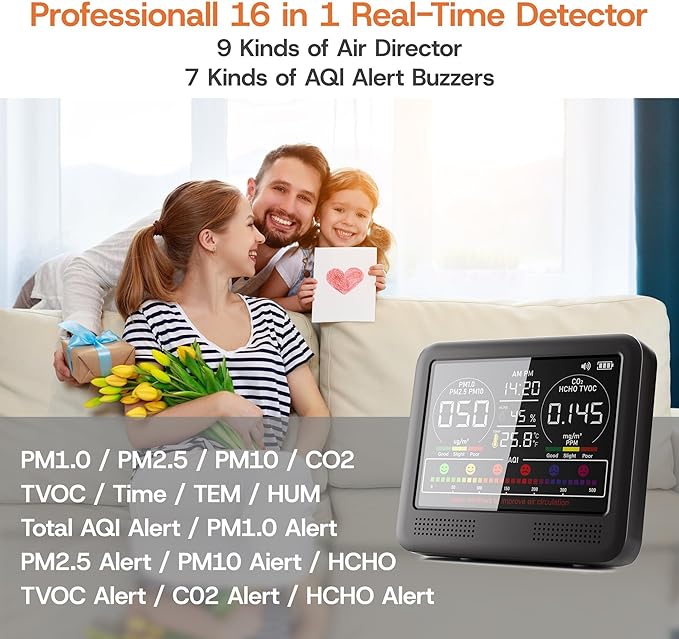 16-in-1 Indoor Air Quality Monitor with PM1.0,PM2.5,PM10,CO2,HCHO,TVOC,Temperature,Humidity,Time Display &7 AQI Alarms – Professional Air Quality Tester for Home, Office & Indoor Use (Shinning Black) - Image 3