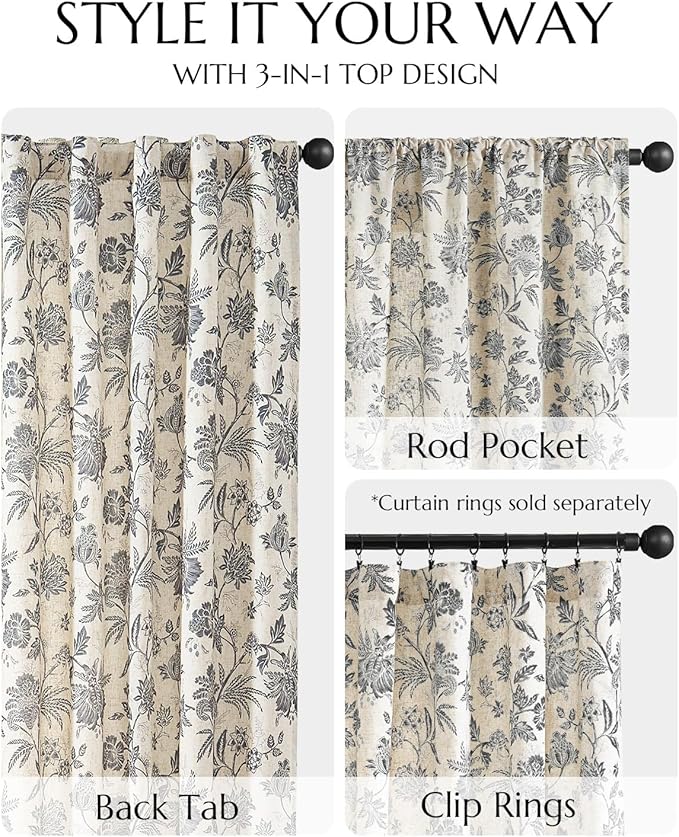 jinchan Lined Linen Floral Curtains for Living Room, 96 Inch Length Printed Flower Farmhouse Patterned French Country Back Tab Black Window Drapes Set Privacy Bedroom Curtains, 2 Panels - Image 5
