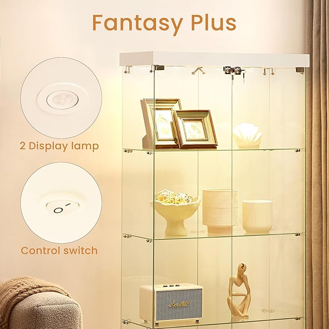 Yoluckea 4 Shelves Glass Display Cabinet with Light and 2 Doors, Floor Standing Clear Glass Curio Cabinet Collection Display for Living Room Bedroom 66.3” x 31.5” x 14.2” White - Image 3