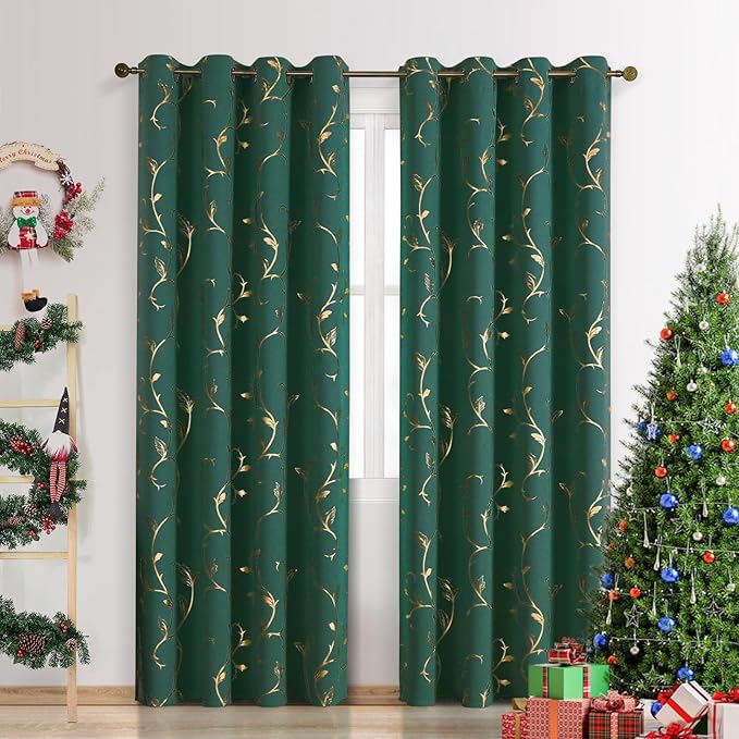 BUHUA Gold Blackout Curtains 84 Inches Length for Christmas, Thermal Curtain for Bedroom 2 Panels Set, Room Darkening Curtains with Wave Vine (52W×84L Emerald Green) - Image 8