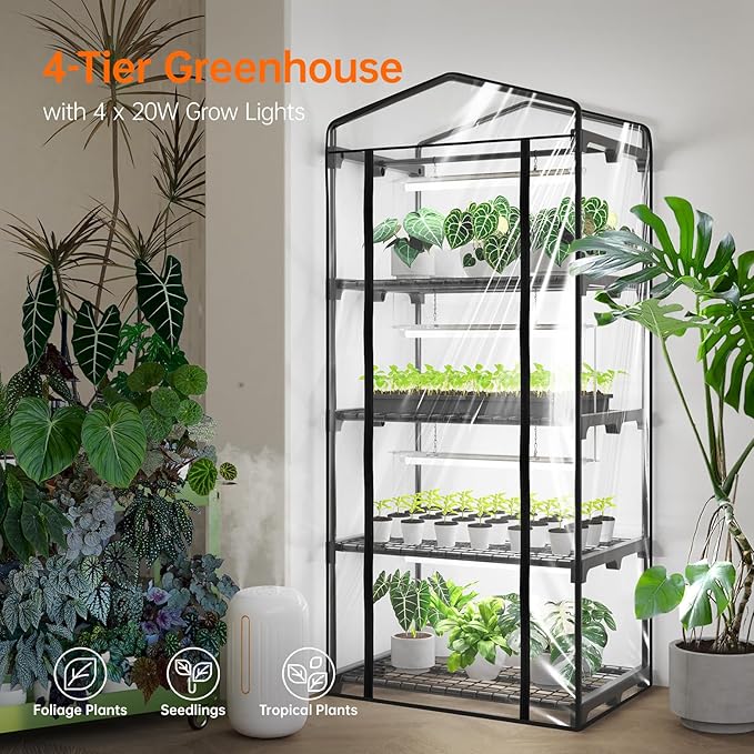 Bstrip Indoor Greenhouse with Grow Light, Mini Green House with 4 Pack 20W Full Spectrum Plant Lights with Timer, Plant Shelf with Tent for Indoor Plant, Seed Starting, Seed Tray, 27.2"x19.9"x61.8" - Image 2