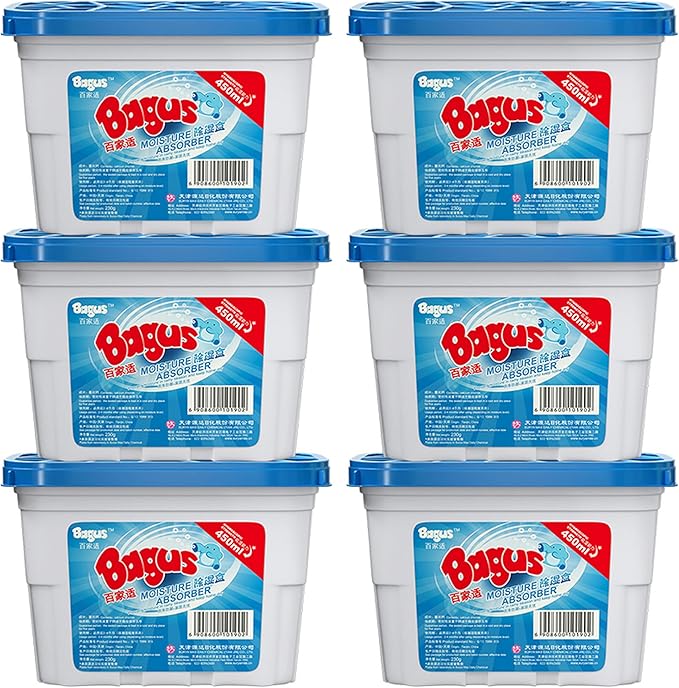 Moisture absorbers Boxes (6 Pack) - 10.5 Oz, Dehumidification Box, Moisture Absorber for Closet, Bathroom, Storage, Kitchens, Basement, Laundries, Spaces, Studies, Car, Boats, RVs, Boat. (6 Pack) by Bagus