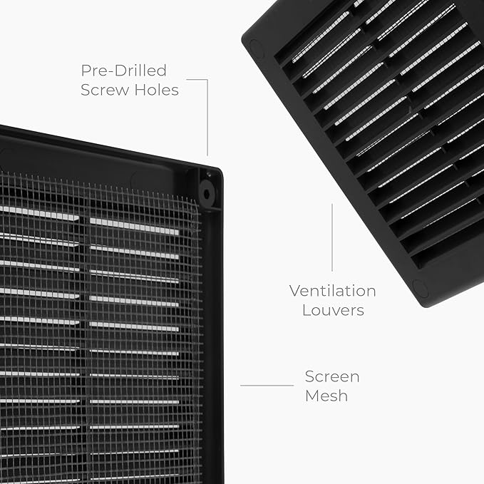 6" x 6" (Outer Size) Square Air Vent Cover – Black Plastic Vent Deflector - Screen Mesh, Surface Mount Wall Ceiling – Cold Air Return Soffit Air Vent Cover - Register Indoor Outdoor - Image 7