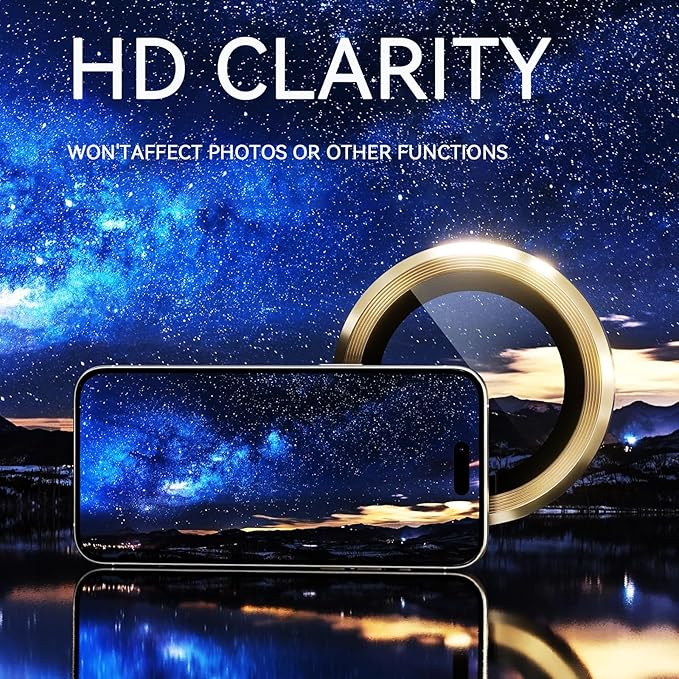 2 Pack Camera Lens Protector for iPhone 16 Pro/iPhone 16 Pro Max, 9H Tempered Glass, Scratch Resistant, Metal Ring, Case Friendly, Gold - Image 2