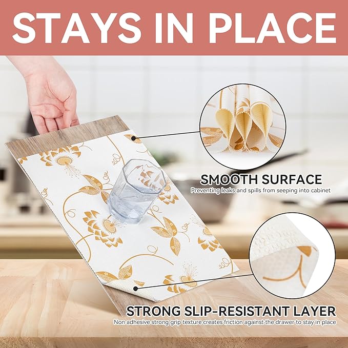 RAY STAR Shelf Liner, Non Adhesive Golden Leaves Floral Kitchen Cabinet Liner for Pantry Drawer, Strong Grip Non Slip Waterproof, Shelf Liners for Kitchen Cabinets Cupboard 12 Inch x 10 FT (2 Rolls) - Image 3