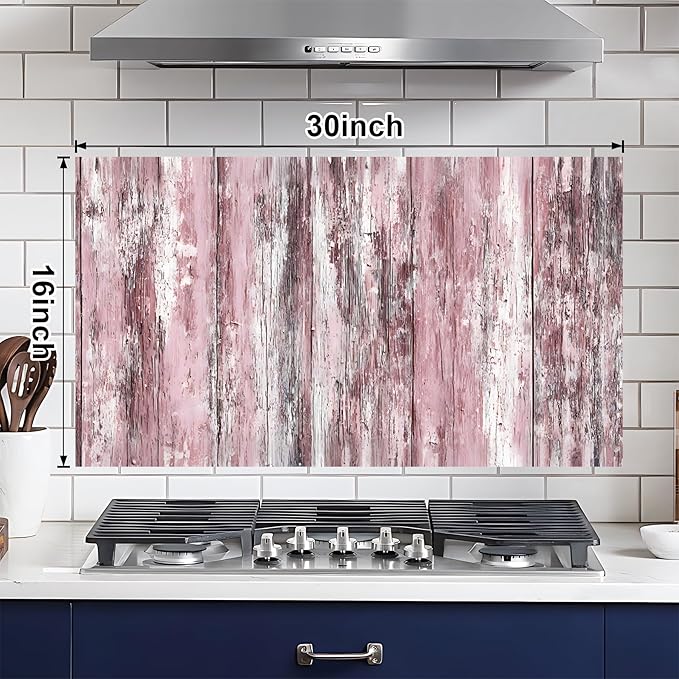 NYZE Kitchen Backsplash Stickers Waterproof Stove Backsplash Protector, 30 X 16 inch Removable Kitchen Wallpaper with Wall Art Decor for Stove Cooking Area(Pink Distressed Wood) - Image 2