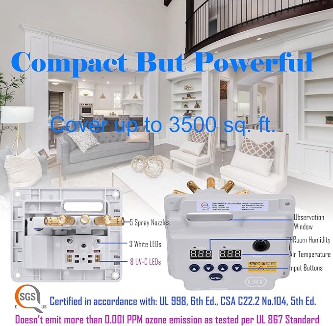 Evaporative Duct Mounted Whole House Furnace Humidifier with 8 UV-C LEDs, Atomizing Cool Mist Variable Capacities for Homes and Offices up to 3500 sq. ft. - Image 4