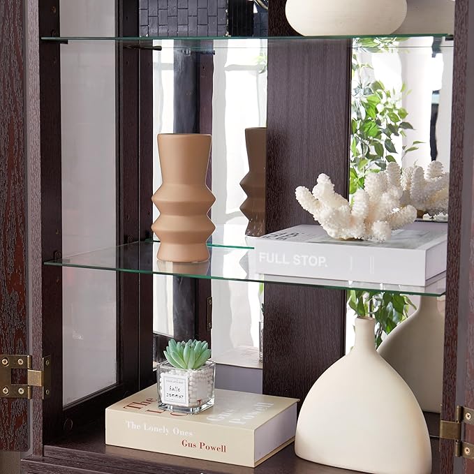 Lighted Glass Curio Cabinet with Lights & Adjustable Shelves,Curio Display Cabinet with Wood Frame,Corner Cabinet for Kitchen,Living Room,Office(Free Standing,Light Bulb Include) - Image 9
