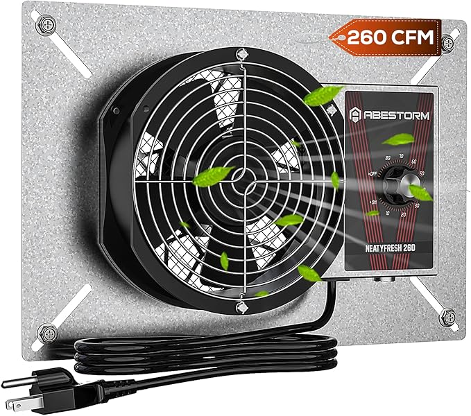 Abestorm 260CFM Crawlspace Ventilation Fans, IP-55 Rated Exhaust Fan with Humidistat Thermostat, 6.7 Inch Basement Vent Fan with Isolation Mesh for Crawl Space, Garage, Attic, Exhaust,Commercial by AbestormSolutionsINC