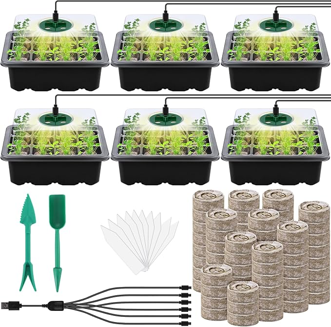 6 Pack Seed Starter Tray Kit with Grow Light and Humidity Dome Germination Trays with 72 Peat Pellets, Plant Labels, Gardening Tools, Plant Growing Trays for Seeds Growing Starting, Black by Hahood