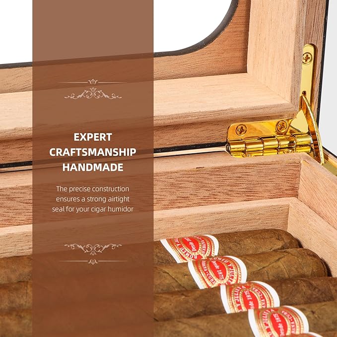 Cigar Humidor, Modern Glass Top Cedar Humidor Cigar Box with Digital Hygrometer, Humidifier, Handcrafted Cedar Wood Tray and Divider, Cigar Case Holds 25-50 Cigars, Cigar Accessories for Men - Image 5