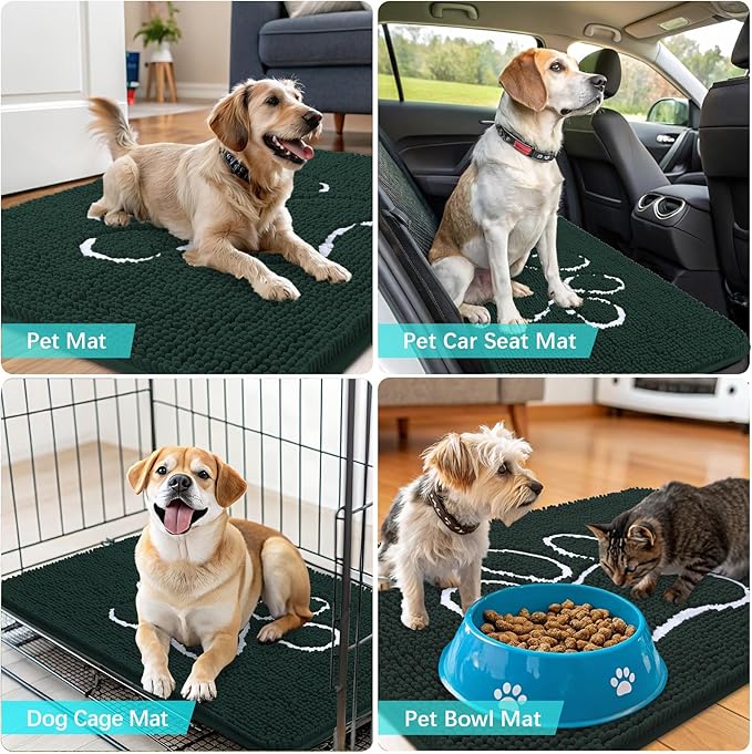 OLANLY Dog Door Mat for Muddy Paws 47x24, Paw Print Design, Absorbs Moisture and Dirt, Absorbent Non-Slip Washable Doormat, Quick Dry Chenille Mud Mat, Entry Indoor Entryway Carpet, Blackish Green - Image 7