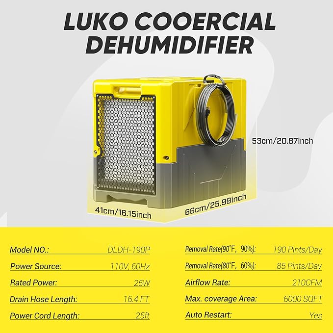 190Pints High Efficiency Commercial Dehumidifier for Basements-6000 Sq.Ft. Industrial Grade Dehumidifiers with Pump & Drain Hose for Crawl Spaces Water Damage Restoration-Auto Defrost, Memory Starting - Image 3