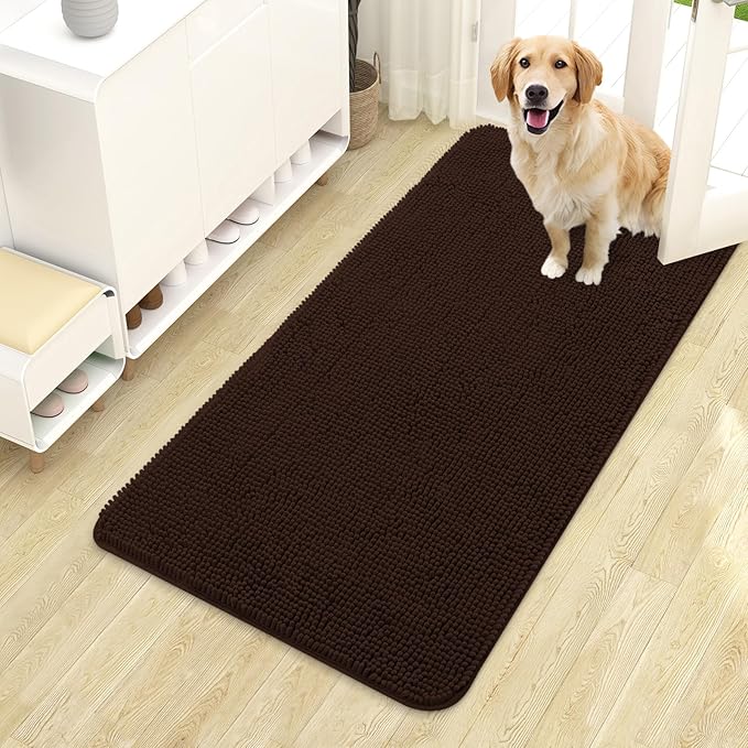 OLANLY Dog Door Mat for Muddy Paws 44x24, Absorbs Moisture and Dirt, Absorbent Non-Slip Washable Doormat, Quick Dry Chenille Mud Mat for Dogs, Entry Indoor Entryway Carpet for Inside Floor, Brown by OLANLY