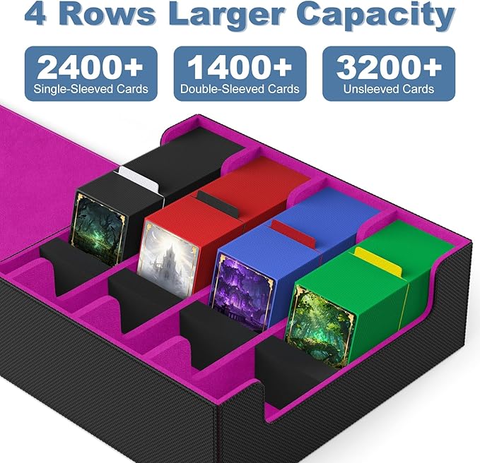 Mlikero Card Deck Case, 2400+ Trading Card Storage Box with 10 Colorful Dividers and 4 Foam Stoppers, Leather Magnetic Closure Commander Deck Box Fit for MTG, TCG (4 Rows, Black&Purple) - Image 2