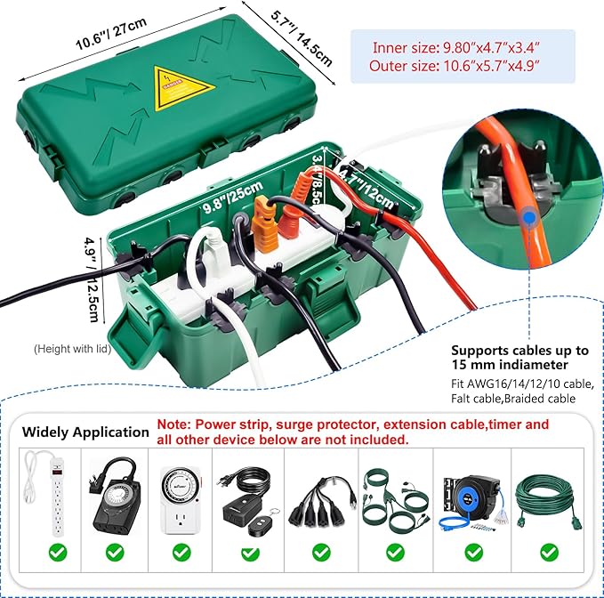 Hrensaw Medium Outdoor Electrical Box(10.6x5.7x4.9inch),Weatherproof Connection Box w/6 Cable Entry,IP54 Waterproof Extension Cord Cover Protect Power Strip,Timer,Plug,Holiday Lights,Green - Image 2