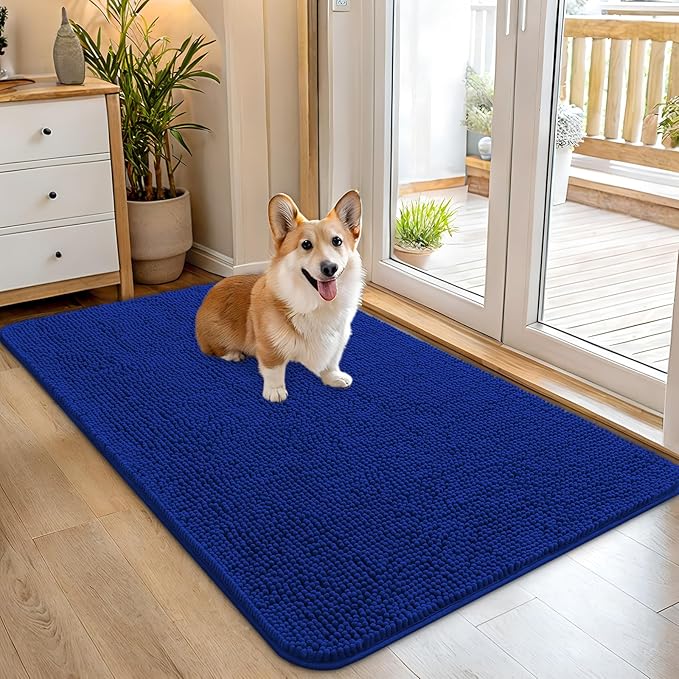 OLANLY Dog Door Mat for Muddy Paws 45x27, Absorbs Moisture and Dirt, Absorbent Non-Slip Washable Doormat, Quick Dry Chenille Mud Mat for Dogs, Entry Indoor Entryway Carpet for Inside Floor, Royal Blue by OLANLY