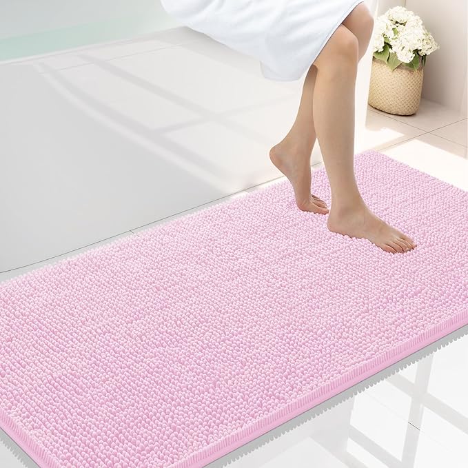 Smiry Luxury Chenille Bathroom Rugs 44x24, Extra Soft and Absorbent Shaggy Bath Mat, Machine Washable, Non-Slip Plush Carpet Runner for Tub, Shower, and Floor, Home Decor Accessories, Pink by Smiry