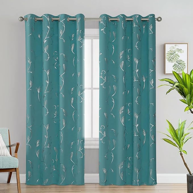 BUHUA Blackout Curtain 2 Panel Set Silver Vine Foil Print Thermal Insulated Drapes Room Darkening Curtains Grommet Window Treatment, 52 x 84 Inch, Teal Blue - Image 2