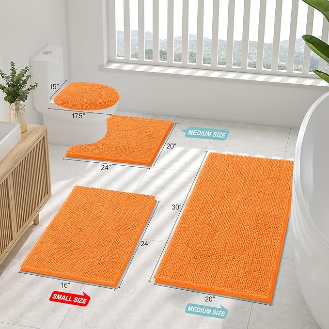 Smiry Luxury Chenille Bathroom Rugs 24x16, Extra Soft and Absorbent Shaggy Bath Mat, Machine Washable, Non-Slip Plush Carpet Runner for Tub, Shower, and Floor, Home Decor Accessories, Orange - Image 2