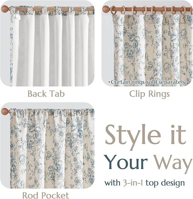 jinchan Lined Linen Blend Curtain Floral Curtains for Living Room 108 Inches Long Blue Peony Flower Printed Curtain Rod Pocket Back Tab Farmhouse Patterned Drapes Bedroom Window Curtains Set 2 Panels - Image 6